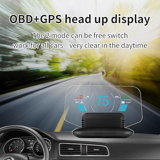 Car HUD Dual Mode OBD2 GPS Heads Up Display Real Time Speed, RPM, Temp, Overspeed Alarm Universal Windshield Projection for GM Ford Dodge Jeep Toyota SUV Truck (2009+)