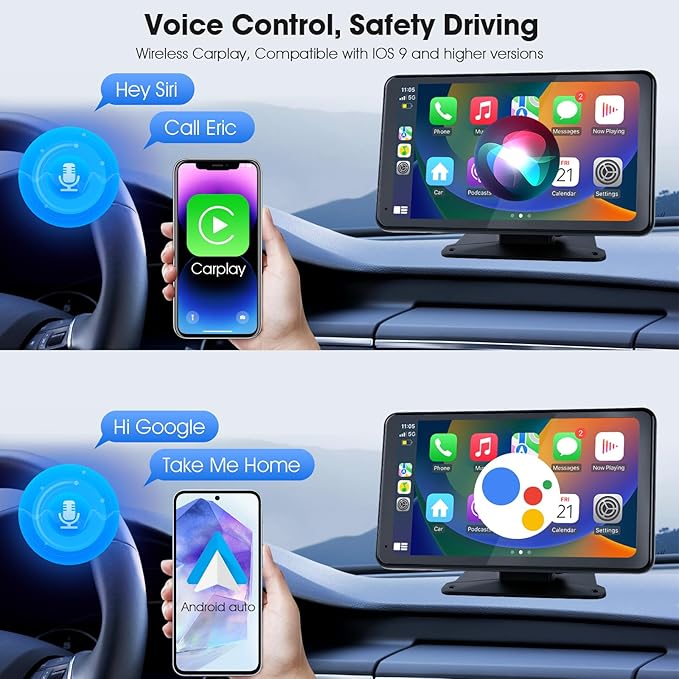 Haudio 7" Portable Wireless CarPlay & Android Auto Car Stereo with Backup Camera, 7" HD Touch Screen, GPS, Voice Control, Plug & Play for Older Cars - Universal Fit