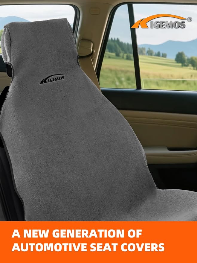 Car Seat Towel Cover Front & Rear Set, Waterproof Sweatproof Non-Slip Seat Protectors – Dual-Layer Microfiber Terry – Universal Fit for Cars, Trucks, SUVs – Embroidered Design (Gray, 3-Pack)