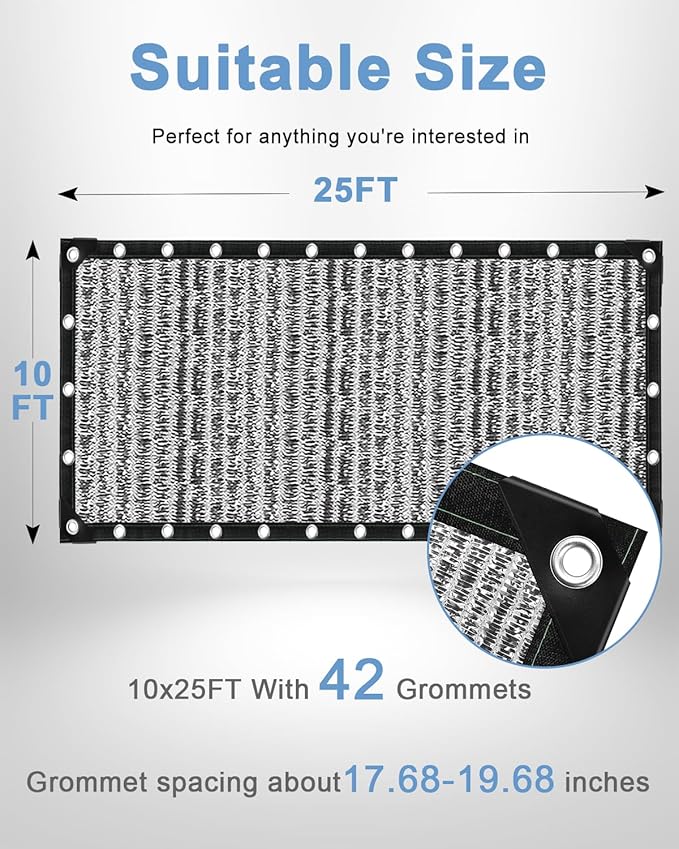 vensovo 70% Aluminum Shade Cloth - Reflective Aluminium Shade Netting Sun Shade Cover with Grommets for Cars, Dogs, Outdoor, RV, Patio (10x25FT)