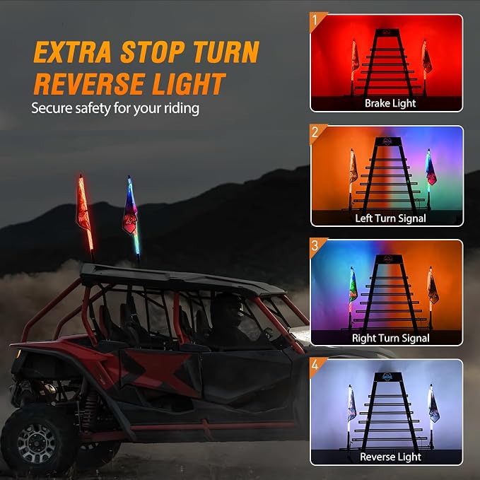 Nilight 2PCS 2FT RGB LED Whip Light with Extra Stop Turn Reverse Lights, Remote & App Control, DIY Chasing Patterns, Safety Antenna Lighted Whips for ATV UTV Polaris RZR Can-am