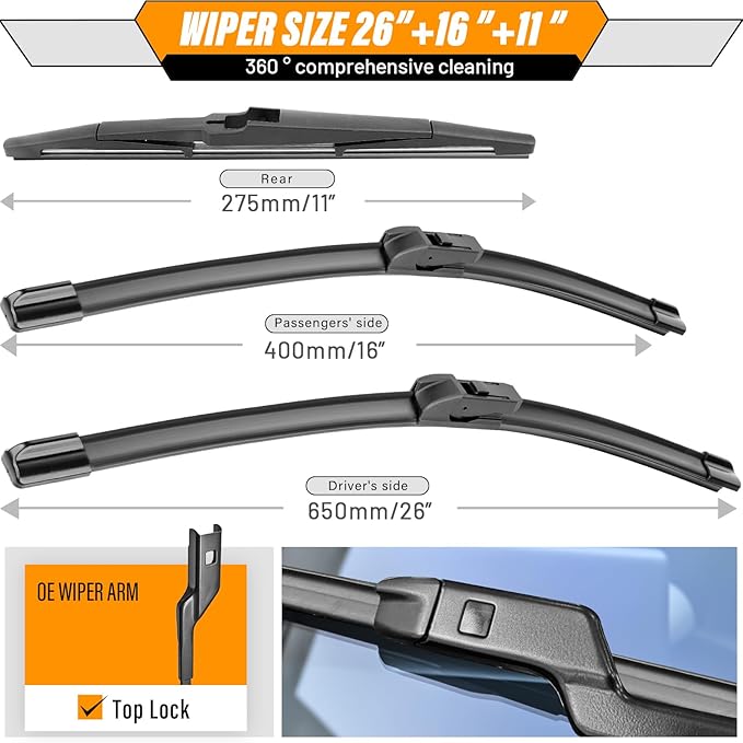 AUTOBOO 26"+16" Windshield Wipers with 11" Rear Wiper Blade Replacement for Chevy Trax 2024 2025-Original Factory Quality (Pack of 3)