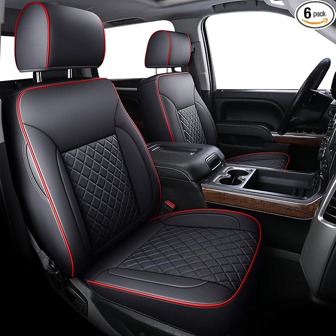 LUCKYMAN CLUB Chevy Silverado/Sierra P01-S1 Seat Covers Full Set, Fit 2019-2024 1500/2020-2024 2500 HD/3500 HD Crew Cab with Breathable Faux Leather (Full Set, Black/Red)