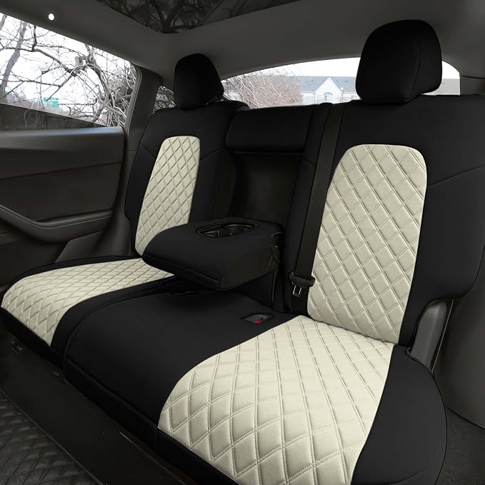 FH Group Custom Fit Car Seat Covers Specifically Made for 2020-2025 Tesla Model Y Ultraflex Neoprene Water Resistant Automotive Seat Covers - Rear Set Beige