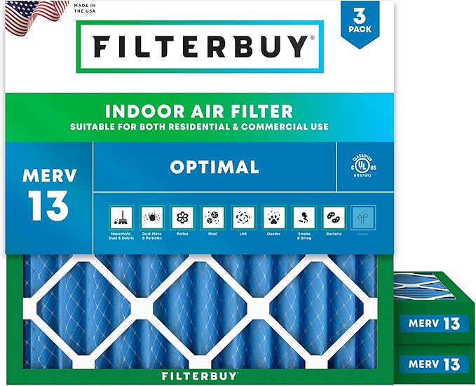 Filterbuy 12x12x2 Air Filter MERV 13 Optimal Smoke & Allergy Defense (3-Pack), Electrostatic Pleated HVAC AC Furnace Filters Replacement (Actual Size: 11.50 x 11.50 x 1.75)