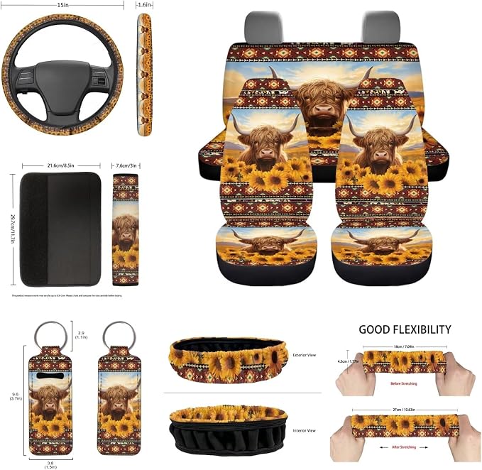 Sunflower Highland Cow Car Seat Covers Sets 14pcs,Sunflower Western Cow Auto Seat Protector Pad+Seatbelt+Steering Wheel+Car Coasters+ Interior Mirror Accessory+Cow Keychain for Women Men