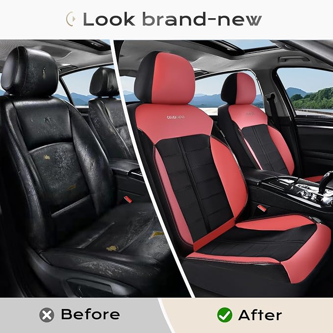 Coverado Seat Cover, Car Seat Cover Full Set, 3D Air Mesh Breathable Seat Protectors Sports Carbon Fiber Design Airbag Compatible Comfort Universal for Most Cars, Van,Trucks, SUV, Black&Wine