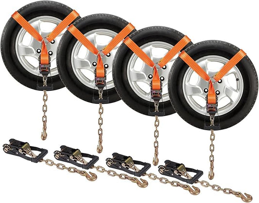 VEVOR Car Tie Down with Chain Anchors, Lasso Style 2"×120" Tire Straps, 5865 LBS Working Load, 11023 LBS Breaking Strength, with Heavy Duty Ratchets for Passenger Car, ATV, SUV, UTV, Truck, 4-Pack