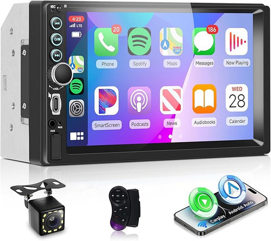 Double Din Car Radio with Wireless CarPlay Android Auto You-Tube, 7 Inch Touchscreen Car Stereo 2 Din with Backup Camera Support Mirror Link Bluetooth FM USB EQ Type C Steering Wheel Control