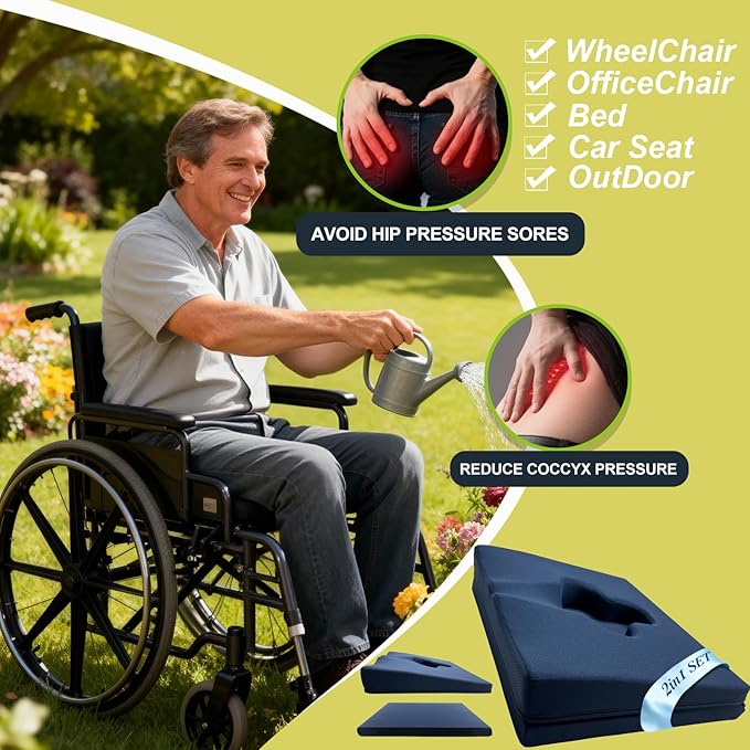 Gel Wheelchair Seat Cushion,Bed Sore Cushions for Butt,Office Chair Pressure Sore Cushion,Hemorrhoid Pillow,Memory Foam Pillow for Bed,Sciatica,Coccyx,Pressure Ulcer Pain Relief(Set Blue)