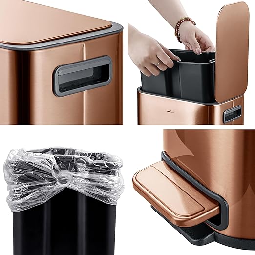 RED FACTOR Slim Small 1.3 Gallon Stainless Steel Pedal Trash Can with Soft Close Lid for Narrow Spaces – Wastebasket Bin with Removable Inner Bucket for Bathroom, Kitchen, Bedroom, or Office (Copper)