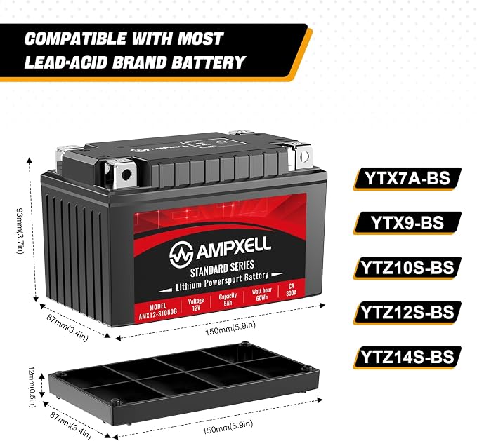 YTX7A-BS Lithium Motorcycle Battery, 12V 5Ah 300 CCA 1.98 lbs Lightweight, Powersports Replacement for ATV UTV Scooter Generator，Compatible withhonda eu3000is battery