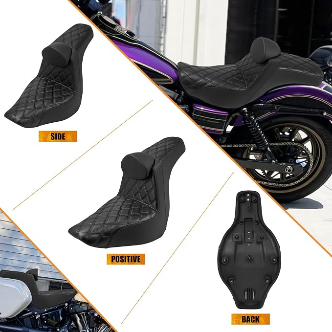 Motorcycles Driver Passenger Seat Cushion Pad One-Piece Seat Leather Pillion with Driver Backrest Fit for Harley Low Rider FXLR FXLRS Sport Glide FLSB 2018-Up (Black Stitching)