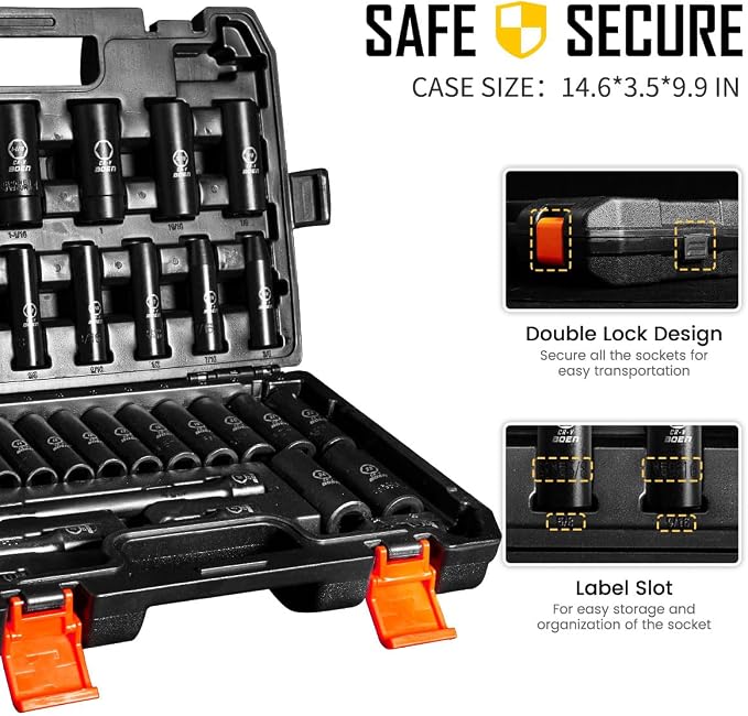 BOEN 35-Piece 1/2" Drive Deep Impact Socket Set + 2PCS 3/8"F to 1/2"M Impact Socket Adapter Set