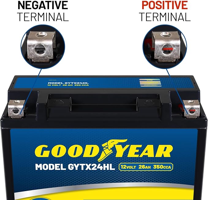 Goodyear GYTX24HL - 12 Volt 26 AH, 350 CCA, Rechargeable High-Performance, Maintenance Free, SLA - AGM Battery for Motorcycle, ATV, UTV, Scooter, Snowmobile, Motorbike and more!