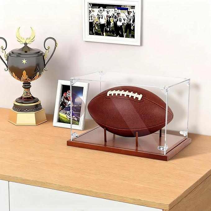 Clear Acrylic Football Display Case with Wood Base & Tee, Memorabilia Stand Cube Holder, Dust Protection Transparent Storage Box for Single Ball Souvenir Football Collections