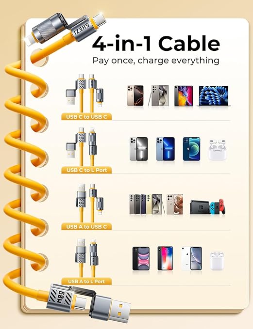 Coiled Cable 4-in-1 USB C Cable 60W Compatible with Lightning Cable Fast Charging & Data Transfer, Support to CarPlay & Android Auto, 5FT Multi Cord Combo Charger for iPhone/iPad