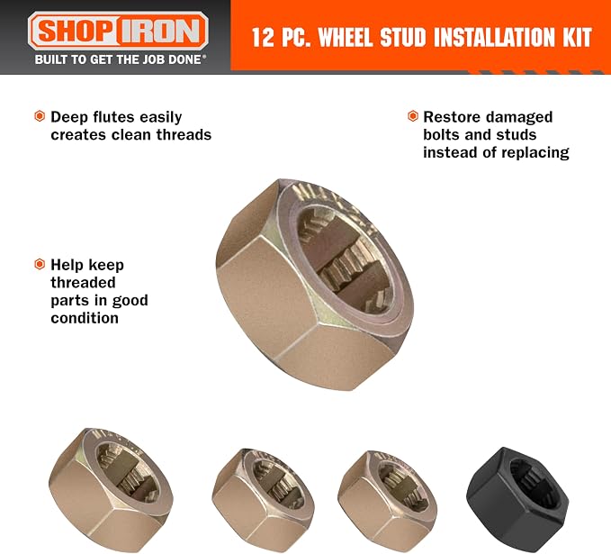 Shop Iron 51937 12-Piece Wheel Stud Installation and Rethread Kit, For use with 1/2-20", M12 x 1.25, M12 x 1.5, M14 x 1.5, & M14 x 2.0 Button Head Wheel Studs