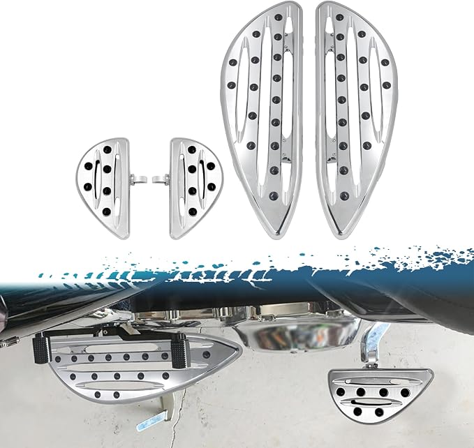 Motorcycle Floorboards Set Driver Front Footboards and Rear Passenger Foot Pegs Kit Hollow Striped Style Compatible with Harley Touring Road King Road Glide Electra Glide Street Glide (Chrome)
