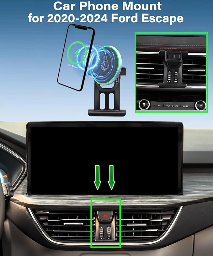 Car Phone Holder for Ford Escape 2020 2021 2022 2023 2024 Accessories 15W Fast Wireless Charger Adjustable Air Vent Cell Phone Mount Hands-Free 360 Degree Rotation