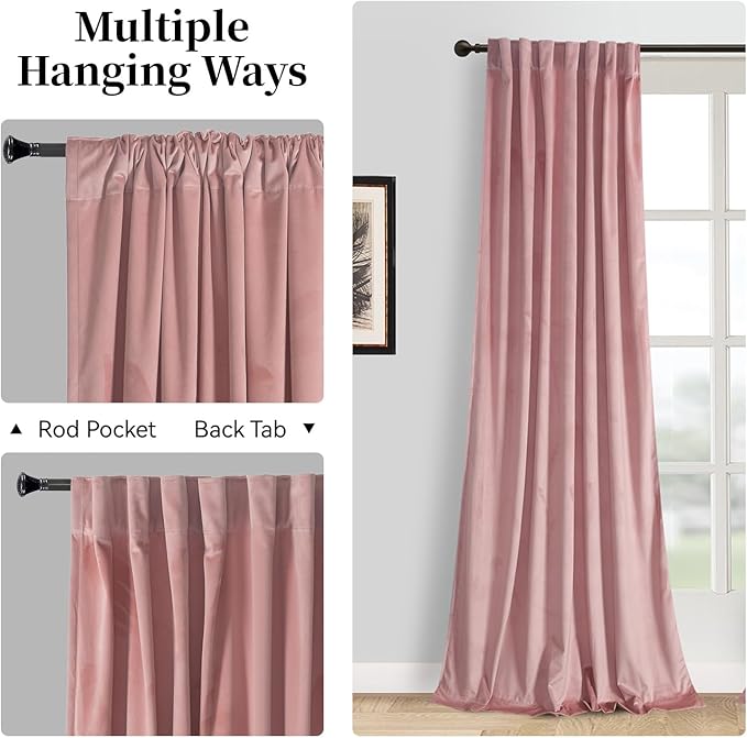 Roslynwood Luxury Soft Dusty Pink Velvet Curtains 63 inches Long Back Tab Thermal Insulated Blackout Window Drapes for Living Room/Bedroom/Dining Room, W52 x L63, 2 Panels