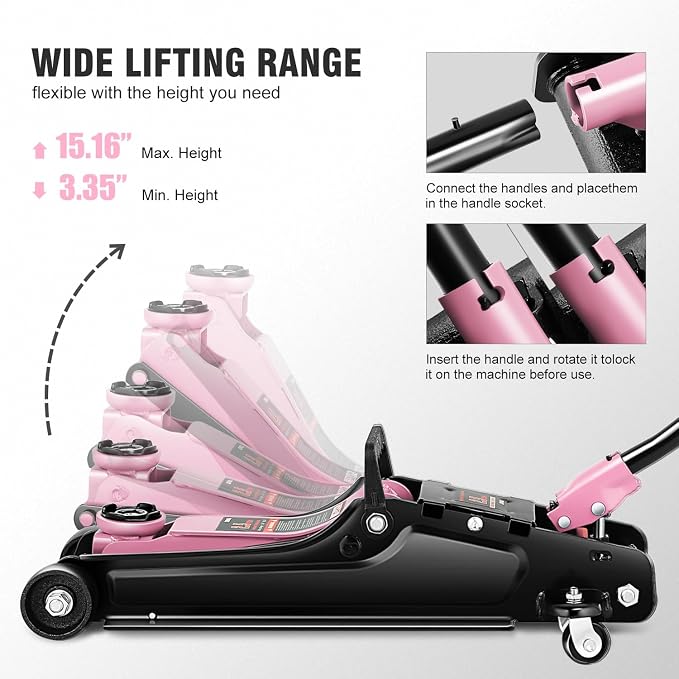 DNA Motoring Low Profile Hydraulic Trolley Service/Floor Jack, 2.5 Ton (5500 lbs) Capacity, Lifting Range 3.35"-15.16",Pink, TOOLS-00676-PK