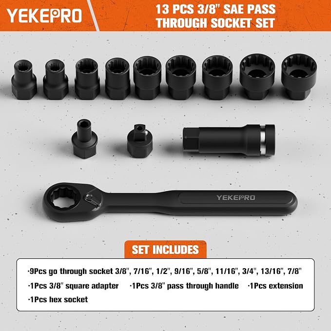 14-Piece 3/8" SAE Pass-Through Socket Set with Reversible Ratchet, Non-Slip Extractor Sockets for Damaged & Stubborn Fasteners
