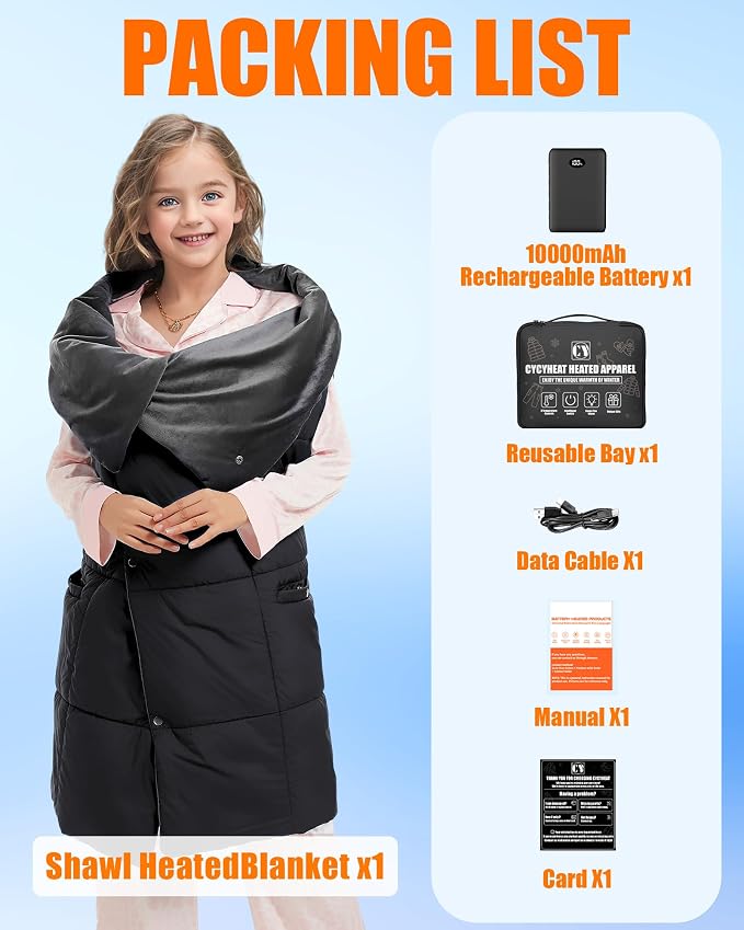 Kids Heated Blanket Battery Powered - 52x43 in Portable Wireless Cordless Throw Electric Rechargeable Heating Blanket, Upgraded 7.4V Battery Pack Heating Element (Black)