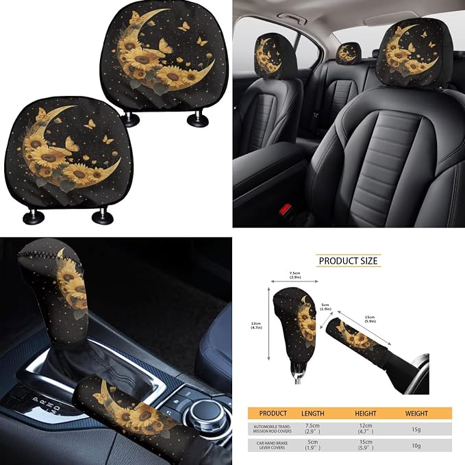 Gold Moon Sunflower Butterfly Car Seat Covers Full Set 15 Pcs Universal Car Accessories Steering Wheel Cover Seat Belt Pads Garbage Bag Car Headrest Pillow Covers Armrest Pad