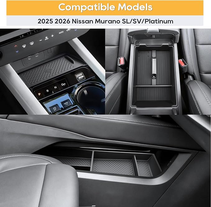 Murano Center Console Organizer for 2025 2026 Murano SL/SV/Platinum Accessories Armrest Storage Box, Lower Console Organizers, Wireless Charging Protective Mat 2025 2026 Murano Accessories 4PCS