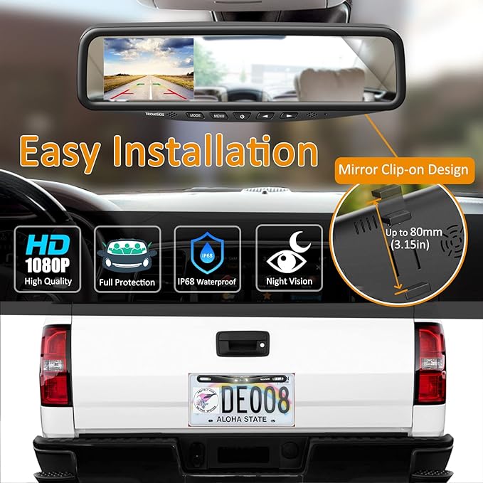 VT1 1080P Wired Car Backup Camera Kit, Easy to Install for Continuous or Reversing Viewing, 4.3" in-Mirror Clip-on Monitor with HD Backup Camera for Cars, Pickups, SUVs, Vans, Sedans, Trucks