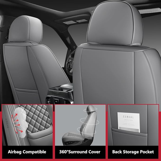 F150 Seat Covers 2015-2026 Front Pair, Truck Interior Sets with Lumbar Support Custom Fit for Ford F150 2015-2026, F250/F350/F450 2017-2026 Super Duty Crew Cab XLT XL Lariat Platinum, Gray