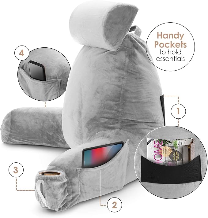 Nestl Reading Pillow with Shredded Memory Foam Includes 2 Neck and Lumber Support Pillows, Designed for Sitting Up in Bed and Couch, Back and Arms Adjustable Support for Adult & Teens, Light Grey