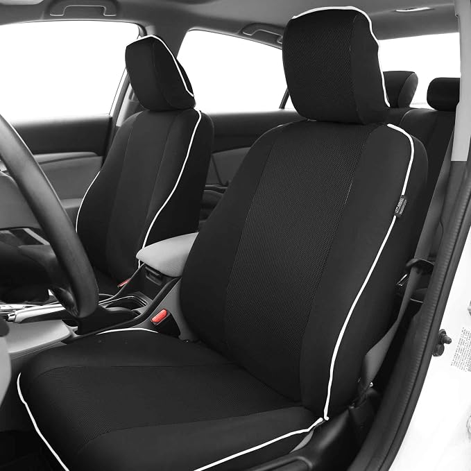FH Group Automotive Seat Covers Edgy Piping Seat Covers Full Black Set Interior Accessories,Universal Fit Combo Vinyl Floor Mats Seat Covers Car for Cars and Vans Airbag and Split Rear Automotive