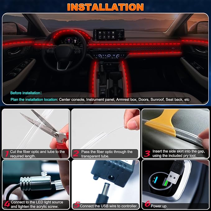 Jushope Interior Car LED Strip Lights with Wireless APP and Remote Control, RGB 5 in 1 Ambient Lighting Kits with 236 inches Fiber Optic, 16 Million Colors Car Neon Lights, Sync to Music