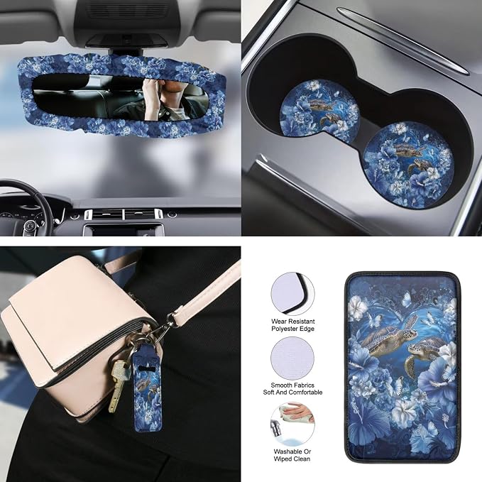 Sea Turtle Car Seat Covers Full Set Hibiscus Printed Car Interior Accessories Set Included Steering Wheel Cover Seat Belt Pad Armrest Protector Coaster for Auto, Blue