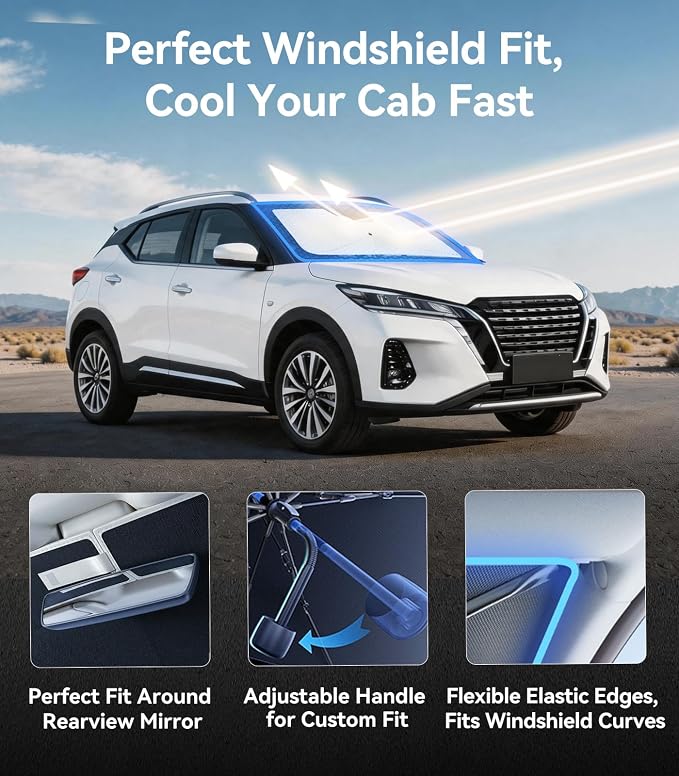 Nmoiss [Vinyl Coating Heat Shield] Windshield Sun Shade Umbrella Custom for Nissan Kicks, Protect Car from Sun Rays & Heat Damage Keep Cool and Protect Interior