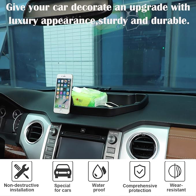 Fit for Toyota Tundra 2007-2021 Car Dash Center Console Table Storage Tray,Instrument Organizer ABS Black Materials Anti-Slip Backing Accessories (with C Style Mobile Phone Holder)