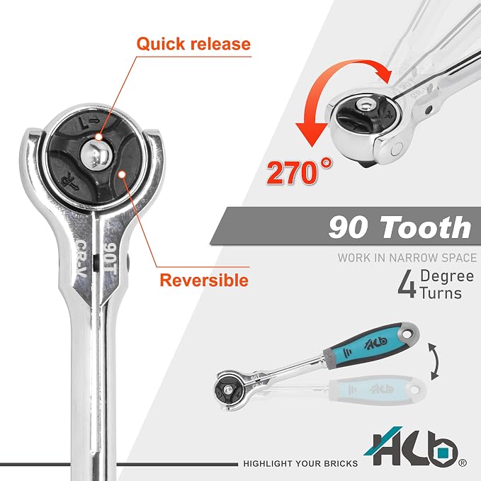 HB 90-Tooth 1/4 Inch Drive 270° Swivel Head Ratchet Handle 44 Piece Socket Set with Precision Screwdriver Torx PZ PH SL HEX Bits Chrome Vanadium Steel Portable Case Made in Taiwan AKM024-G