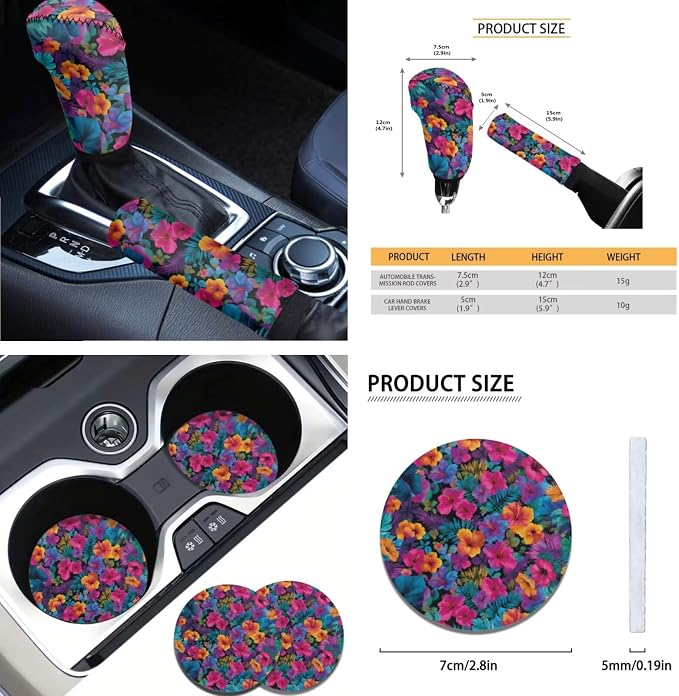 AFPANQZ Tropical Flowers 11 Pieces Auto Accessories Set Car Seat Decoration Covers Full Set with Hand Brake Cover + Gear Shift Knob Cover + Seat Belt Pads + Car Coaster + Steering Wheel Cover