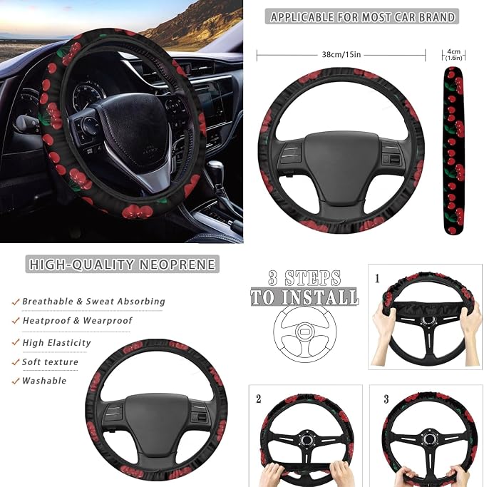 Wanyint Cherry Print 12 Pack Car Seat Cover Full Set for Women Men, with Steering Wheel Cover Seat Belt Pad Armrest Pad Handbrake Cover Gear Shift Cover Washable Cup Coaster Holder Auto Accessories