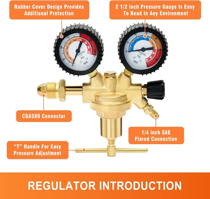 CAMPFIRE Nitrogen Pressure Regulator Kit, Automotive/HVAC Leak Testing Tool Set with CGA580 Inlet, Includes 1/4" FL-M Leak Test Adapter, 38" High Pressure Hose, R134a R410A Adapters for A/C Systems