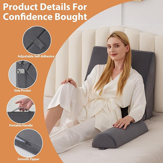 BIEEZZK 4PCS Wedge Pillow Set for After Surgery, Back Pillow for Bed Sitting up, 9&12inch Adjustable Memory Foam Bed Wedges, Pillow Wedge for Acid Reflux, Back Pain Relief, Snoring, Plush Grey
