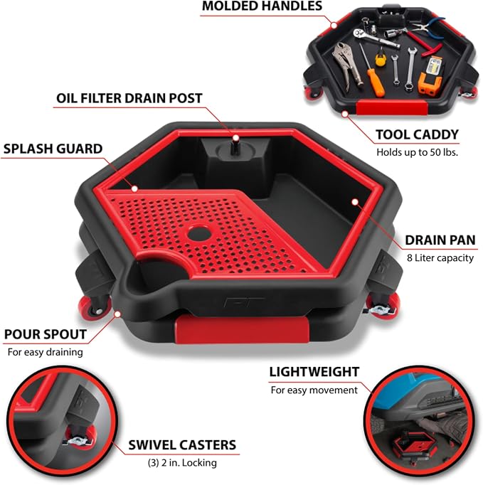 Performance Tool W4074 2 in 1 Drain Pan and Tool Caddy - Conveniently Collects Oil and Organizes Tools for Automotive Repairs