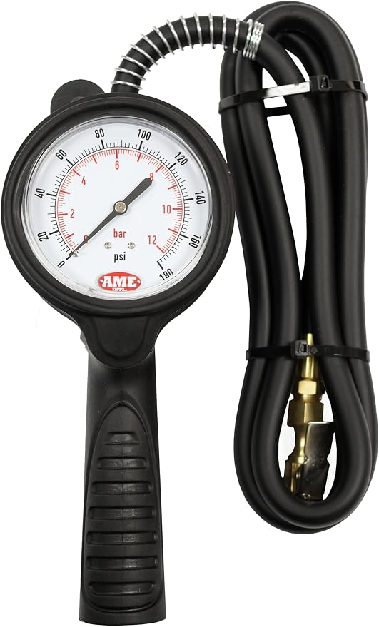 AME INTL Analog Tire Inflator and Gauge - 6ft Hose with Brass Clip on Chuck - Tire Inflator 0-175 PSI