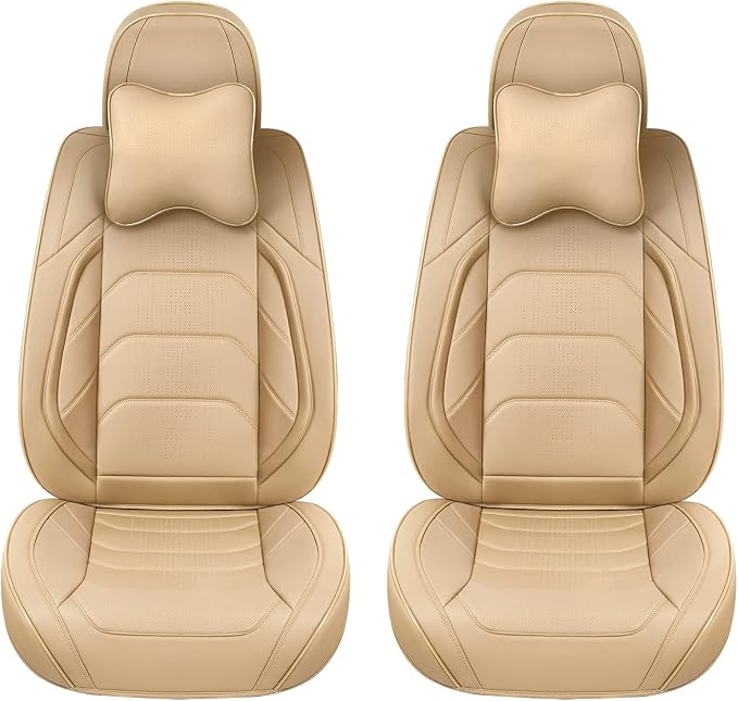 TIEHESYT Beige Car Seat Covers Front Pair, Breathable Leather Automotive Front Seat Covers & Headrest for Comfortable Driving, Compatible with Most Cars Sedans SUV Pickup Trucks