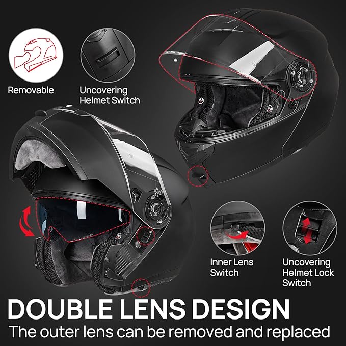 ILM Adult Motorcycle Modular Full Face Helmet Flip up Dual Visor DOT Approved Model 159(Matte Black,X-Large)