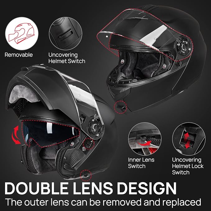 ILM Adult Motorcycle Modular Full Face Helmet Flip up Dual Visor DOT Approved Model 159(Matte Black,Medium)