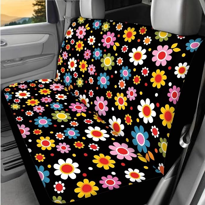 BIGCARJOB Stylish Daisy Print Car Interior Accessories Full Set 12 Pcs Auto Seat Cover for Front Rear Vintage Daisy Print Seat Belt Cover,Armrest Seat Box Cover Cushion,Cup Mats