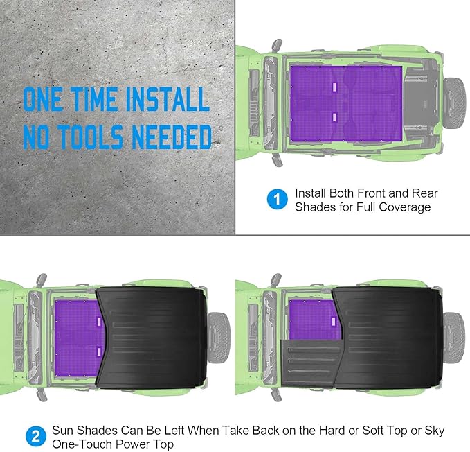 JL Top Sun Shade Roof Compatible with Jeep Wrangler 2 or 4 Door 2018 to 2023 Sunshade Sunroof Cover Blocks UV Wind Noise Purple Mesh for Full Length